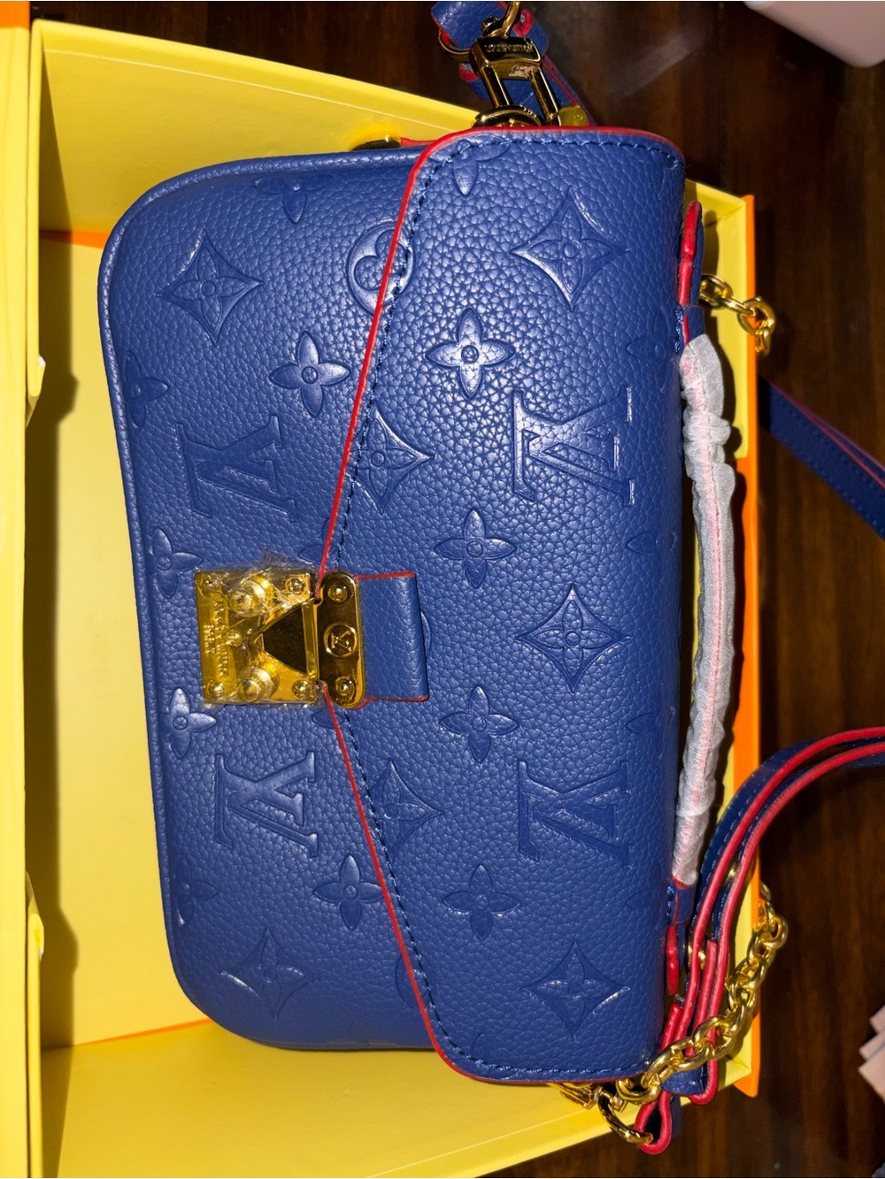 Louis Vuitton Blue Embossed Leather Shoulder Bag with Red Trim and Gold Hardware - Picture 2 of 6
